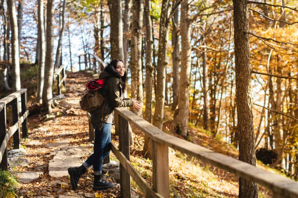 istock Young woman hiker looking the autumn forest 1351292309
