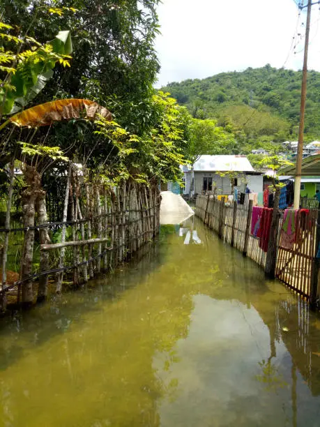 Photo of courtyards and gardens that were submerged in water due to overnight flooding.