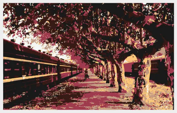 Vector illustration of Vector engraving style railway station landscape illustration backgrounds,PuKou station,Nanjing City - JiangSu Province,China