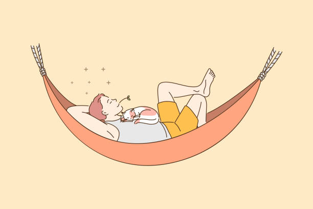 Having rest and enjoying vacations concept Having rest and enjoying vacations concept. Young positive man lying relaxing in hammock with cat on his breast vector illustration hammock stock illustrations