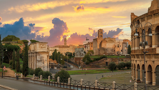 Arch of Constantine and the Colosseum at sunset