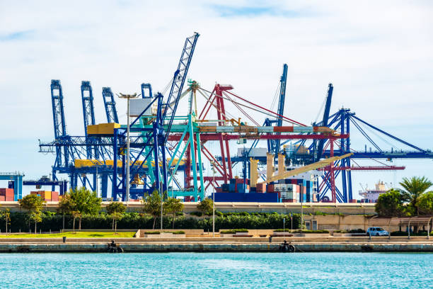 Industrial port with cranes in Valencia