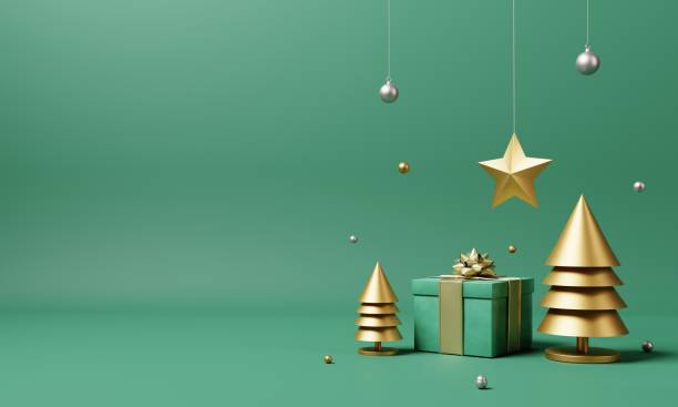 クリスマスセットの装飾と、孤立した緑の背景に黄金のクリスマスの木と雪片と装飾品。ホリデーフェスティバルとミニマリズムオブジェクトコンセプト。3d イラストのレンダリング - pine tree christmas tree green ストックフォトと画像