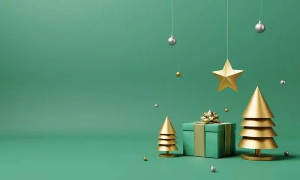 Photo of Christmas set decoration and ornament with golden Xmas tree and snowflake on isolated green background. Holiday festival and minimalism object concept. 3D illustration rendering