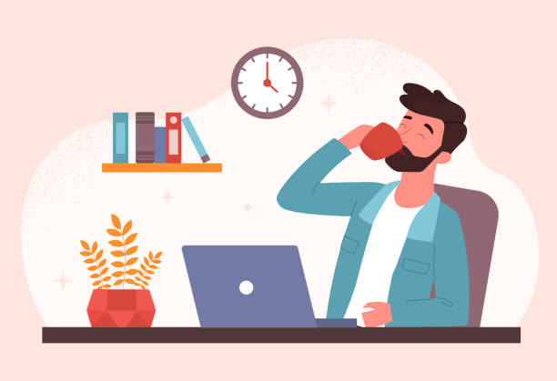 Coffee break concept Coffee break concept. Man sits in front of laptop and drinks from mug. Energy replenishment concept. Character very tired at work. Little pause, rest, workflow. Cartoon flat vector illustration coffee drink stock illustrations