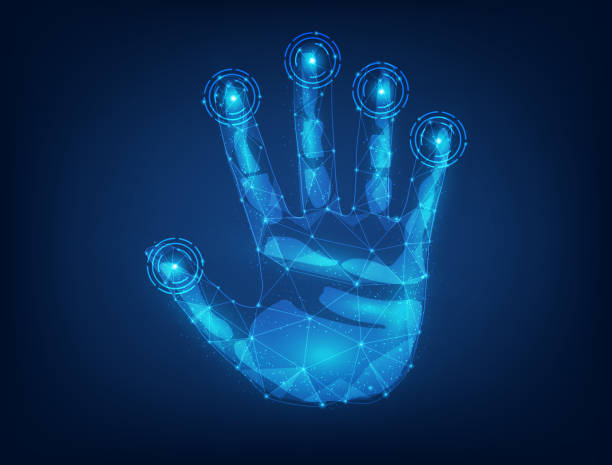 technologia elektronicznego skanowania ręcznego na niebieskim ciemnym tle. bezpieczeństwo cybernetyczne odcisku dłoni. koncepcja identyfikacji odcisków palców. szkielet autoryzacji biometrycznej. wektorowy futurystyczny styl technologii. - fingerprint backgrounds identity human finger stock illustrations