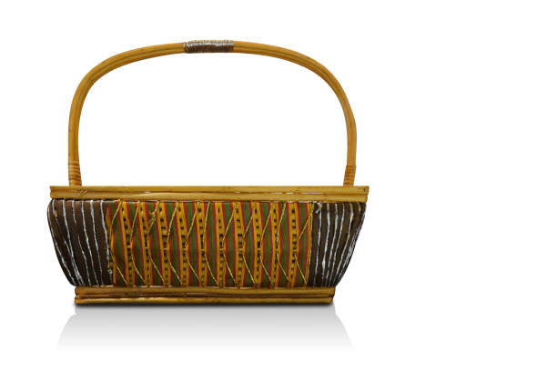 front view beautiful colorful weave wooden basket on white background, object, vintage, copy space