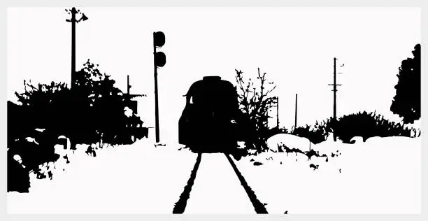 Vector illustration of Vector monochrome woodcut style train on railway illustration backgrounds