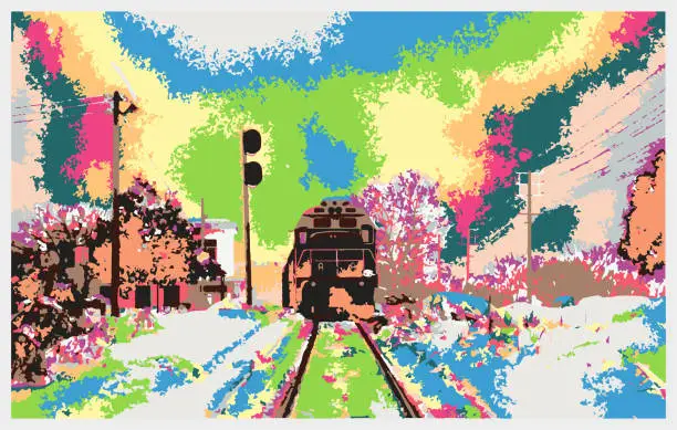 Vector illustration of Vector colorful engraving style watercolor painting train on railway theme pattern,Pretty Pastels