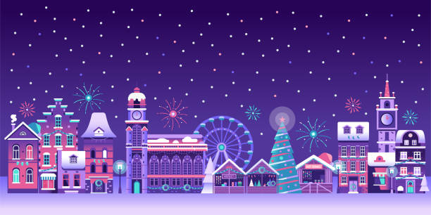 winter weihnachtsstadt mit messe seamless panorama - weihnachtsmarkt stock-grafiken, -clipart, -cartoons und -symbole