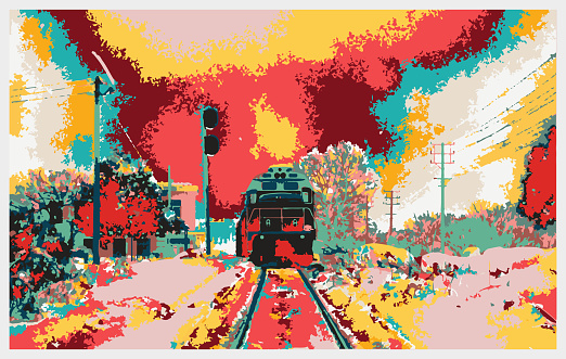 Vector colorful engraving style watercolor painting train on railway theme pattern,Pretty Pastels