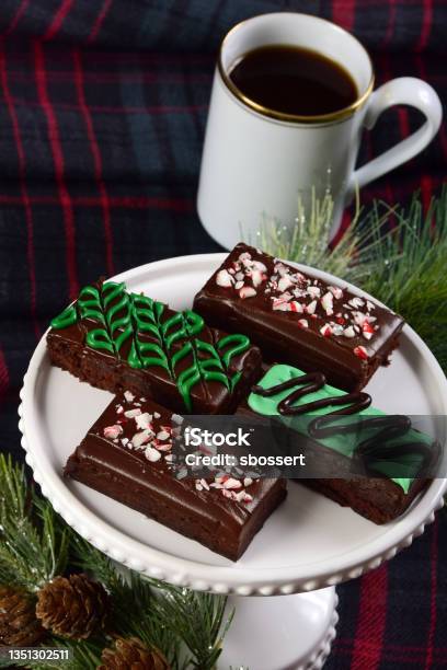 Holiday Mint Chocolate Fudge Brownies Stock Photo - Download Image Now - Baked, Baked Pastry Item, Branch - Plant Part