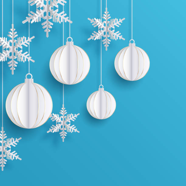 рождественская бумага вырезана 3d снежинками и шариками с тенью на синем фоне. минимальный дизайн новогодней и рождественской открытки, пла - papercraft stock illustrations