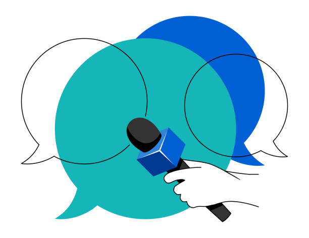микрофон, держащий за руку, и рамка для пузырьков речи - interview stock illustrations