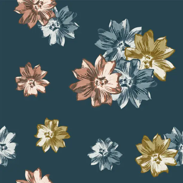 Vector illustration of Seamless floral pattern with musk mallow in drawing style