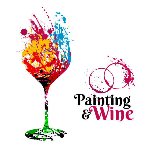 ilustraciones, imágenes clip art, dibujos animados e iconos de stock de ilustración de copa de vino con coloridas manchas de pintura. - drinking