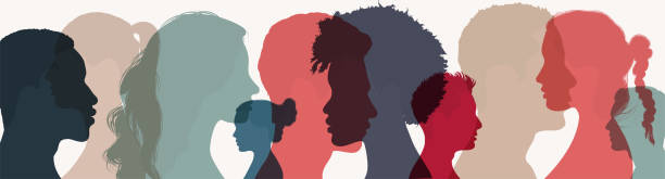 psychology and psychiatry concept. silhouette heads faces in profile of multiethnic and multicultural people.psychological therapy.patients under treatment.diversity people.team community - depresyon stock illustrations
