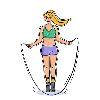 Young Girl Doing Exercises, Jumping Rope Over Related Cartoon Style Vector Illustration