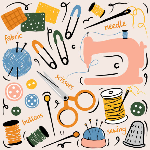 nähen verwandte cartoon stil doodle vektor illustration - sewing item thread scissors sewing stock-grafiken, -clipart, -cartoons und -symbole