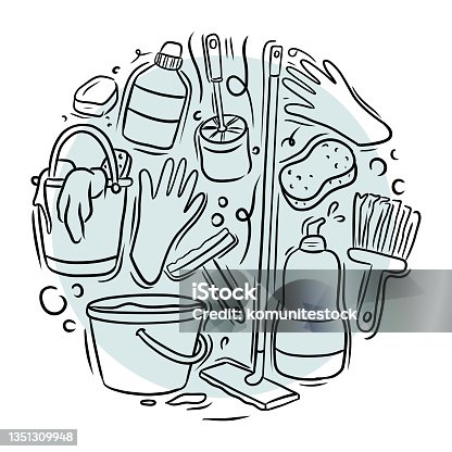 istock Cleaning Related Cartoon Style Doodle Vector Illustration 1351309948