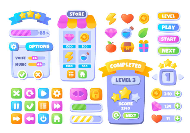 Game UI buttons Game UI buttons. Set of stickers with levels, loading scale and other attributes of mobile app. Menus, indicators and rewards in video game. Cartoon flat vector collection isolated on white background leisure games illustrations stock illustrations