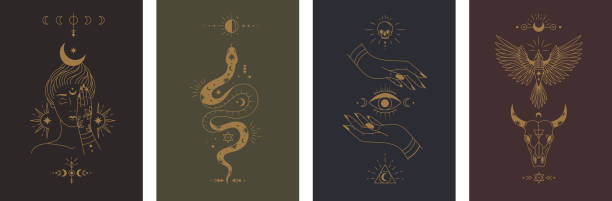 Collection of mystical posters Collection of mystical posters. Esoteric art with snakes, girl, evil eye, hands and moon. Mythological design elements for covers and postcards. Cartoon flat vector set isolated on white background female magician stock illustrations