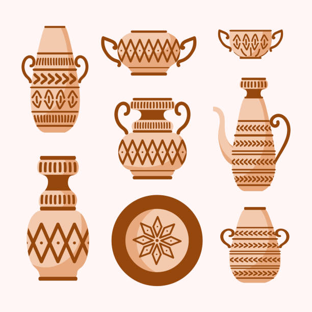 ilustrações de stock, clip art, desenhos animados e ícones de set of antique archaeological artefacts. greek amphoras, vases, plate, pots and bowl with ethnic patterns. handmade ceramics. for stickers, posters, postcards, design elements - antique old fashioned illustration and painting ancient