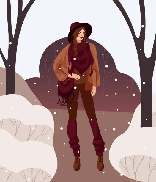 Vector illustration of A girl in boho outfit walks in a winter park. Bright vector illustration, warm earthy colors. Hat, snowfall, fringe, portrait, naturalness. For posters, postcards, banners, clothing, design elements.
