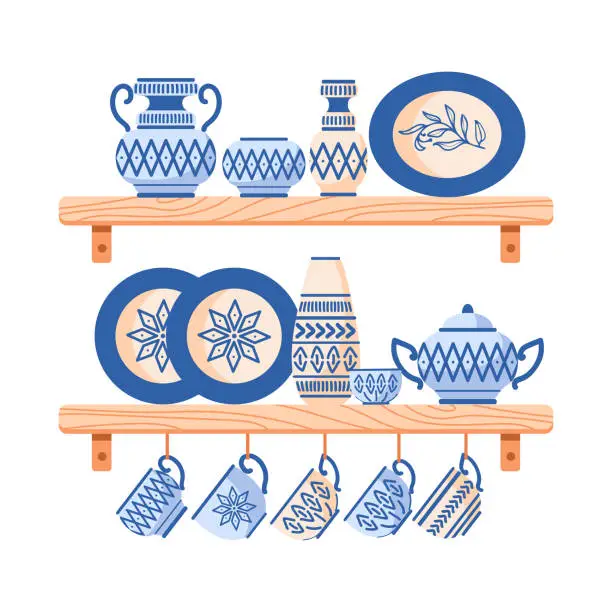 Vector illustration of Kitchen shelves with utensils. Handmade ceramics dishes, ethnic ornaments. amphoras, vases, plate, pots, bowl with ethnic patterns. Home comfort, hygge. For posters, postcards, design elements.