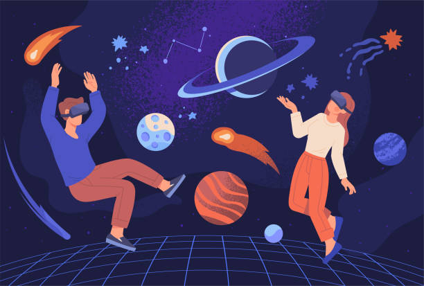 Metaverse or Virtual reality concept Metaverse or Virtual reality concept. Man and woman in digital glasses flying in outer space among planets and stars. Modern technological entertainment. Cartoon colorful flat vector illustration metaverse stock illustrations