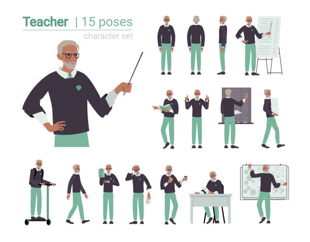 Set of teacher Set of teacher. Man with pointer leads lesson. Elderly character. Collection of elements. School, learning, board. Professor at work, study, learning, old man. Cartoon flat vector illustration teachers stock illustrations