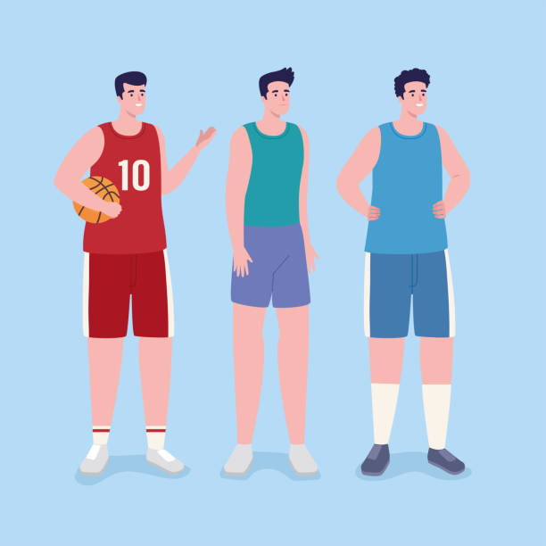 ilustraciones, imágenes clip art, dibujos animados e iconos de stock de tres personajes masculinos de atletas - basketball little boys male young adult