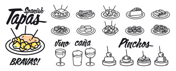 illustrazioni stock, clip art, cartoni animati e icone di tendenza di illustrazioni simboli di snack tipici dei bar spagnoli. testo in spagnolo di cibo (tapas, bravas e pinchos) e bevande (caña y vino). - aperitivo