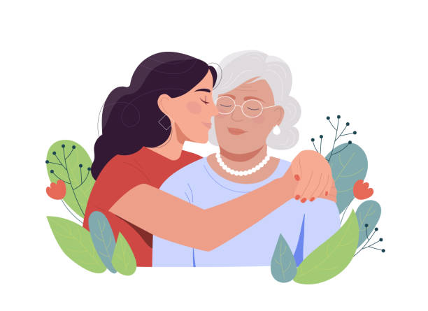 illustrazioni stock, clip art, cartoni animati e icone di tendenza di donna con madre - grandparent senior adult senior women multi generation family