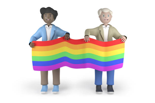 Two men holding LGBT flag - 3d rendering illustration