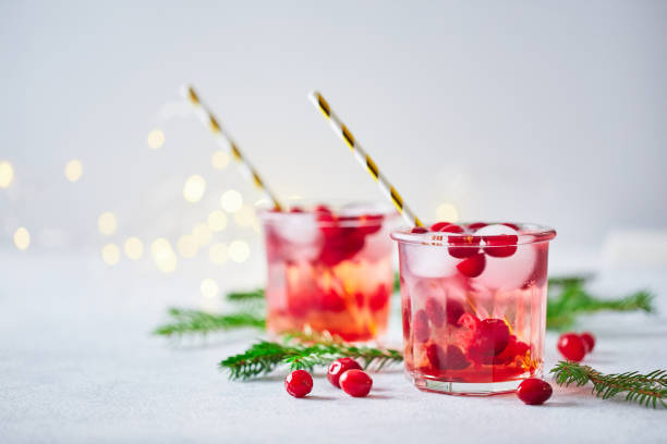 alkoholischer cocktail oder alkoholfreier mocktail mit wodka und eisgekühlten cranberries mit tannenzweigen und glühender girlande zu weihnachten - glass ice tonic water frozen stock-fotos und bilder