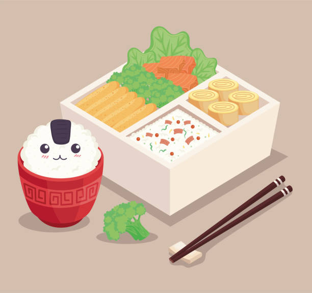 illustrazioni stock, clip art, cartoni animati e icone di tendenza di bento beige pranzo al sacco - box cake food lunch