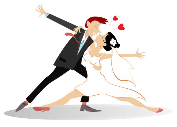 ilustraciones, imágenes clip art, dibujos animados e iconos de stock de ilustración de pareja de bodas casada bailando - love romance cartoon heterosexual couple