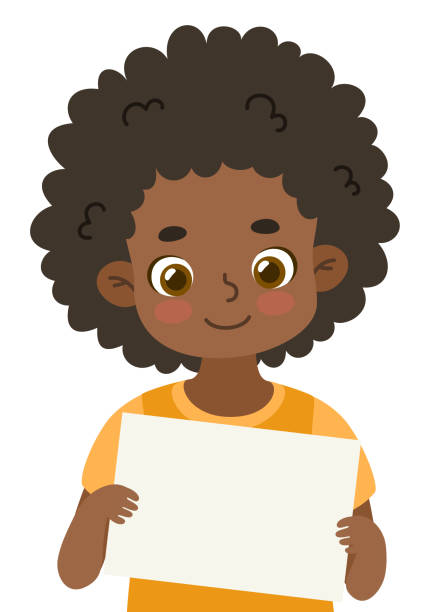 ilustrações, clipart, desenhos animados e ícones de garota afro-americana bonita segurando uma faixa vazia. criança sorridente mostra folha de papel em branco. - black sign holding vertical