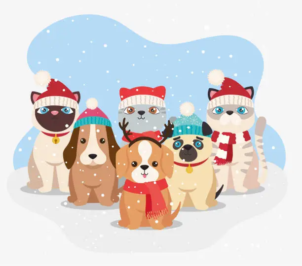 Vector illustration of cute six christmas pets