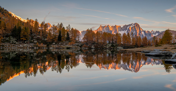 Lake D'Arpy at sunrise with Mont Blanc range reflections, autumn colors - Val D'Aosta - Italy