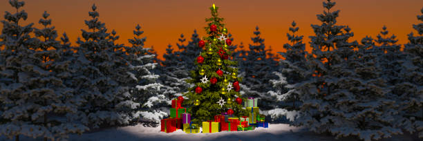 istock Sunrise over a snowy pine forest with a single decorated Christmas tree 3d render 1351320738