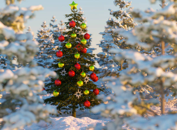 istock Pine forest at dawn with a decorated tree for Christmas 3d render 1351320851