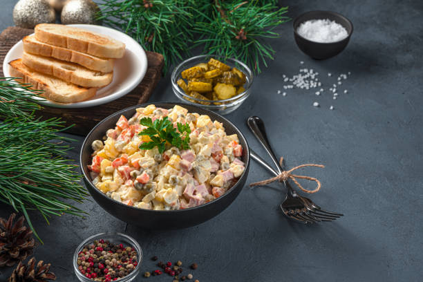 istock Traditional Russian salad olivier on a dark background 1351323545