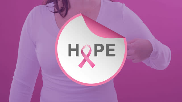 Video of breast cancer awareness text over caucasian woman wearing pink cancer awareness ribbon