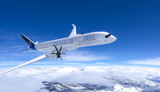 istock Blue Hydrogen filled H2 Aeroplane flying in the sky - future H2 energy concept. 1351326849
