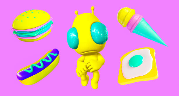 istock 3d render hipster sticker set creative funny Alien and stylish food objects Cosmic trendy vibes 1351326874