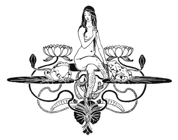 illustrazioni stock, clip art, cartoni animati e icone di tendenza di sirena donna seduta con frog art nouveau 1897 - nymphalid