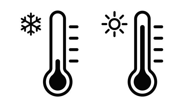 ilustrações, clipart, desenhos animados e ícones de ícones do termômetro definidos. ícones de temperatura fria e quente vetor. ilustração vetorial de estoque - calor