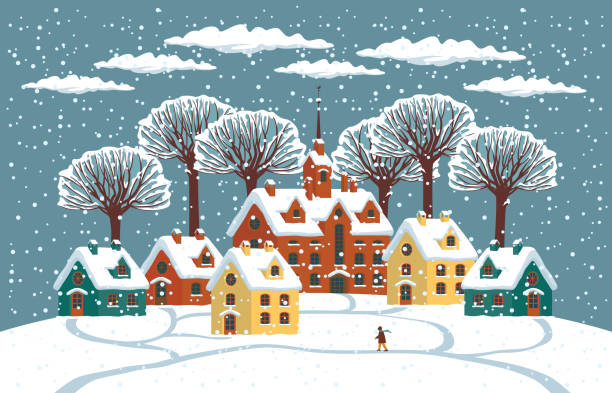 winter landscape with cheerful houses and trees Snowy winter landscape with cute colored houses, snow-covered trees and a lonely passerby. Beautiful vector illustration, greeting card or decorative banner in cartoon style gingerbread house cartoon stock illustrations